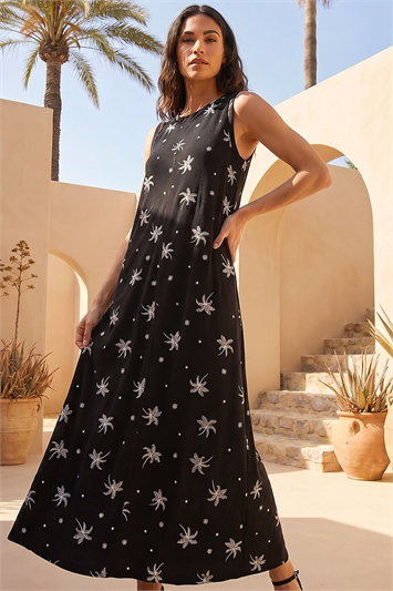 Cotton Palm Print Pocket Midi Dress 14922108