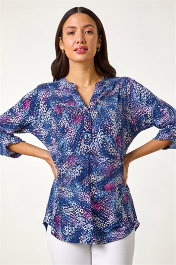 Pink Textured Abstract Print V-Neck Stretch Top