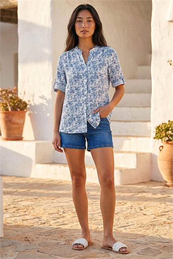 Petite Print Button Up Front Blouse 10232609