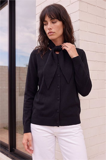 Black Tie Neck Soft Knit Cardigan
