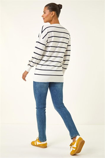 Stripe Print Knitted V-Neck Longline Jumper 16103738