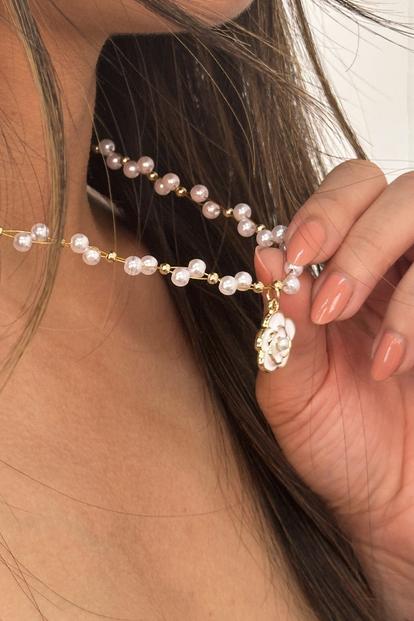 White Pearl Chain Necklace With Camellia Pendant