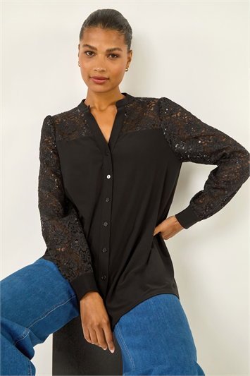 Black Sequin Lace Insert Stretch Blouse