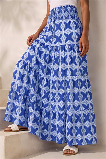 Blue Tile Print Shirred Maxi Skirt