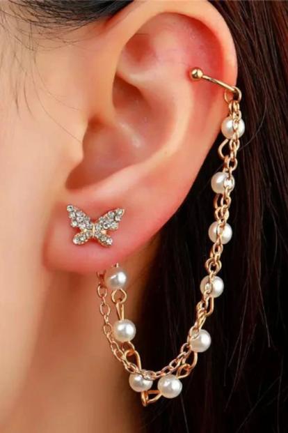 Metallic Long Butterfly Dangle Chain Pearl Ear Cuffs - Adjustable Climber Chain