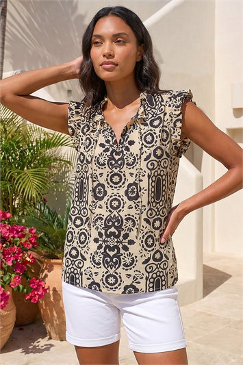 Mono Printed Frill Sleeve Top 20193708