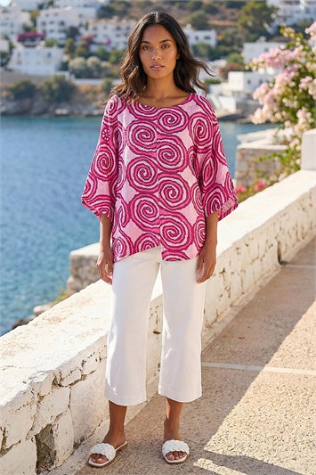 Pink Spiral Print Asymmetric Tunic Top
