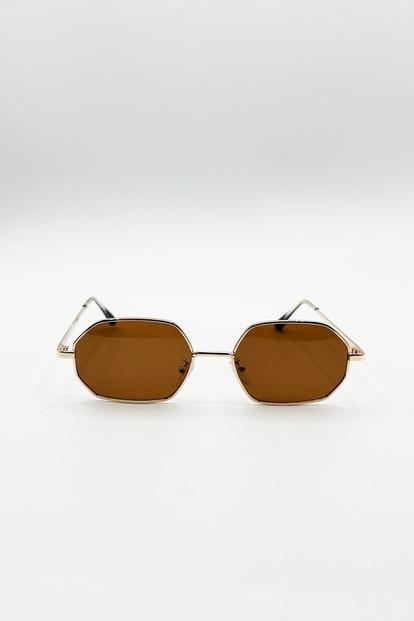 Metallic Oval Geometric Metal Frame Sunglasses In Gold Brown