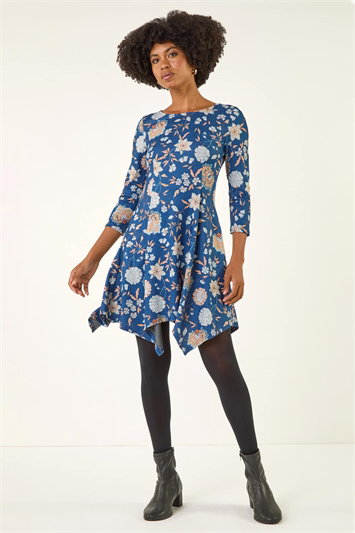Blue Floral Print Hanky Hem Stretch Dress