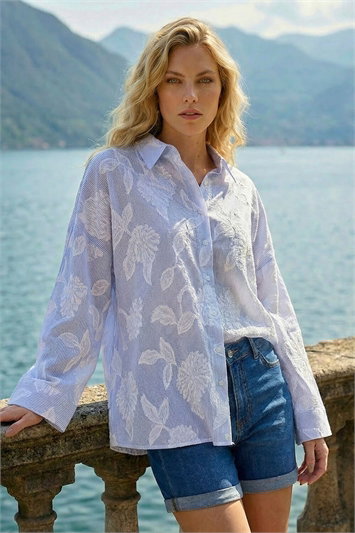 Blue Floral Jacquard Buttoned Shirt