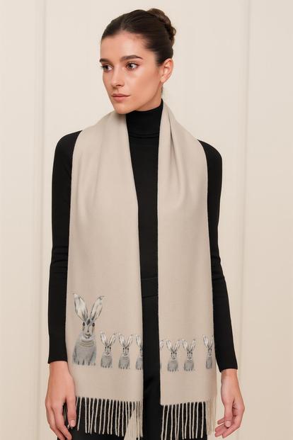 Cream Cashmere Feel Luxury Scarf Handprinted With Hares - Beige
