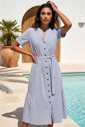 Blue Stripe Tie Waist Midi Dress