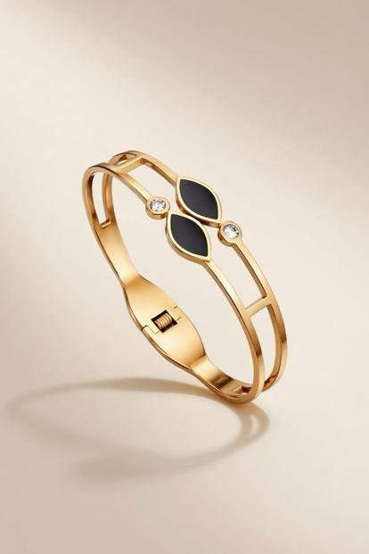 Metallic Two Black Leaf Zircon Gold Lightweight Minimalist Stacking Bangle