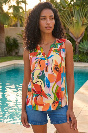 Multi Abstract Print V-Neck Button Top