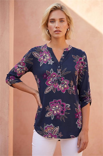 Pink Floral Puff Print Stretch Shirt