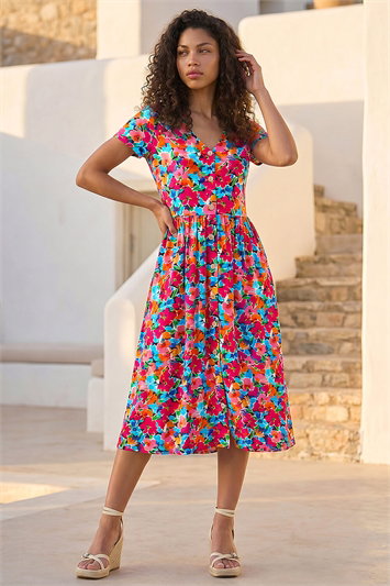 Pink Petite Floral Button Pocket Dress