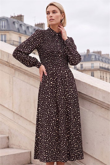 midi casual dresses uk Women's | Midi Length Dresses Color:Cappucino Helmstedt Brown Blurred Print Mesh Tie