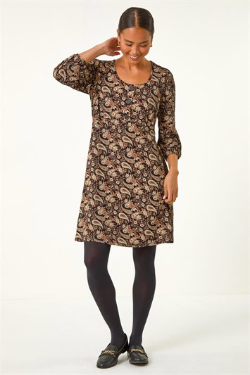 Petite Paisley Print Button Stretch Dress 14641589