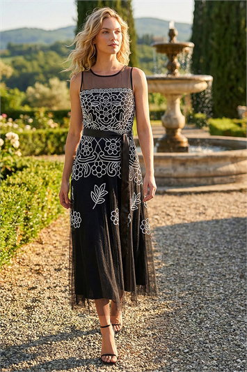 Black Floral Embroidered Mesh Midi Dress