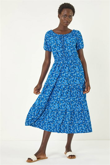 Blue Ditsy Print Frill Stretch Midi Dress