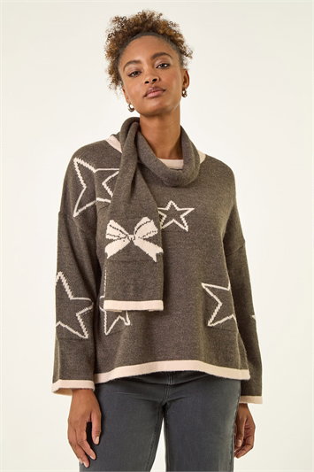 Grey Star Knit Jumper And Scarf Set