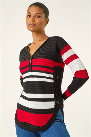 Black Stripe Zip Front Ribbed Knit Jumper