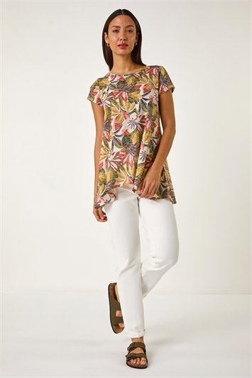 Green Floral Print Hanky Hem Tunic Top