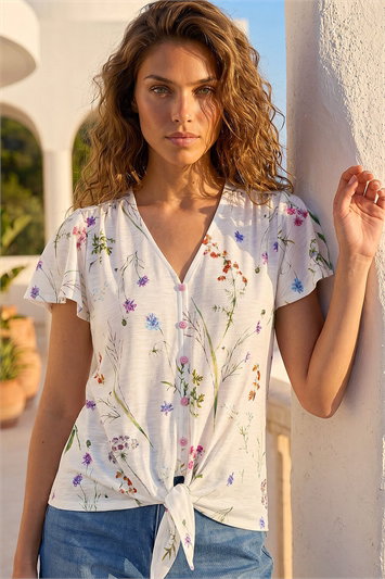 White Floral Print Tie Front Top
