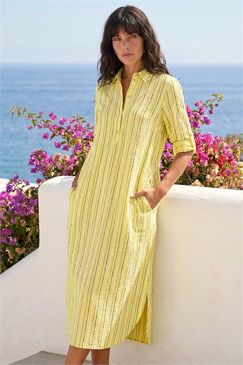 Yellow Textured Stripe Shirt Dress
