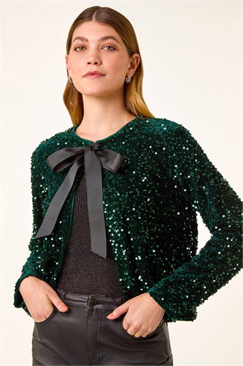Green Sequin Bow Front Jacket