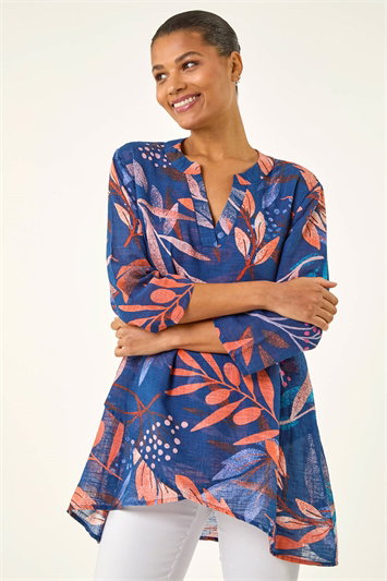 Blue Leaf Print Wrap Front Tunic Top