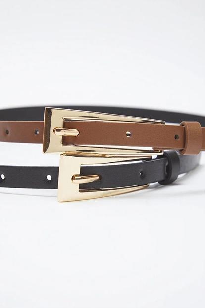 Multi Double Pack Gold Angular Buckle Slim Faux Leather Belt