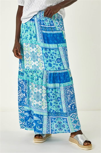 Blue Patchwork Shimmer Tiered Maxi Skirt