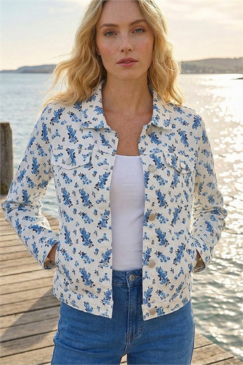White Floral Print Bengaline Denim Jacket