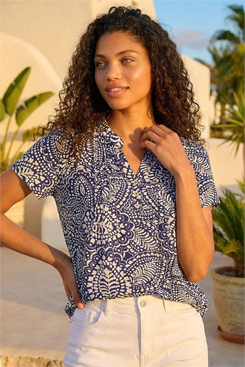 Petite Abstract Print Button Stretch Top 19466660