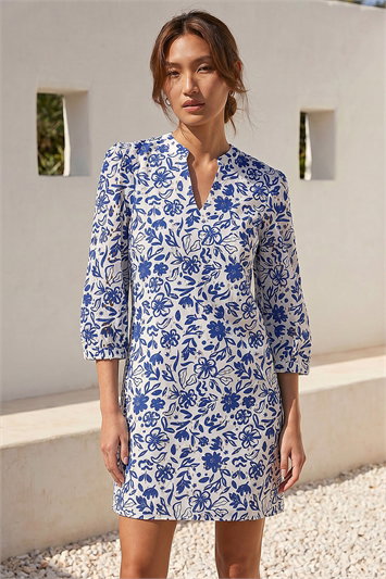 Blue Floral Print V-Neck Shirt Dress