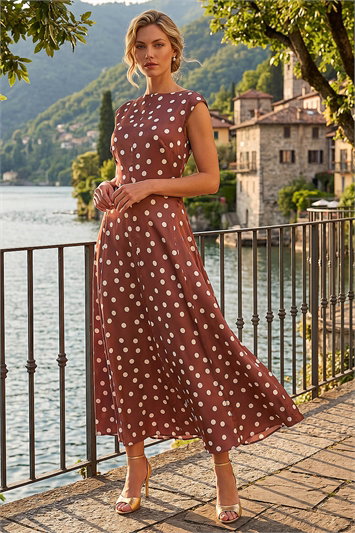 Brown Polka Dot Boat Neck Dress