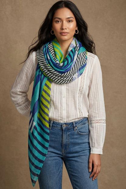 Multi Block Stripe Lightweight Cotton Scarf In Blue
