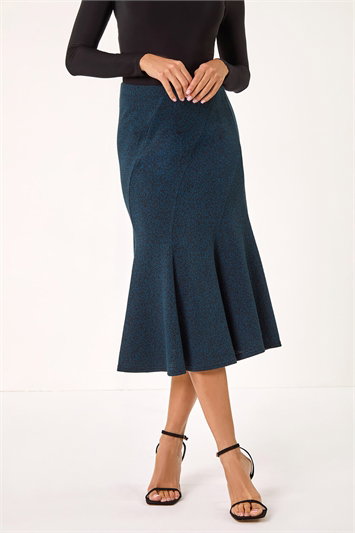 Blue Flared Textured Midi Stretch Skirt