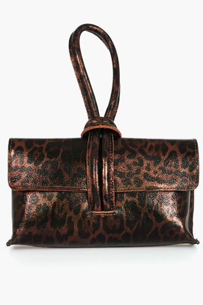 Metallic Leopard Leather Wristlet Clutch Bag