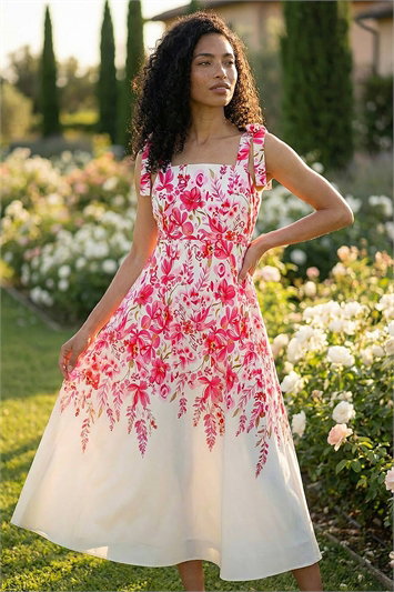 Pink Floral Print Twist Front Midi Dress | Roman UK