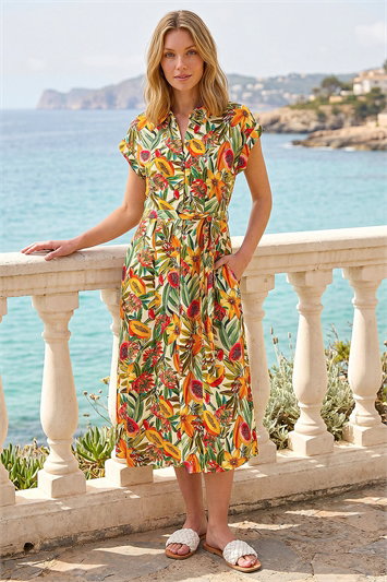 Fruit Print Belted Midi Dress 14860834