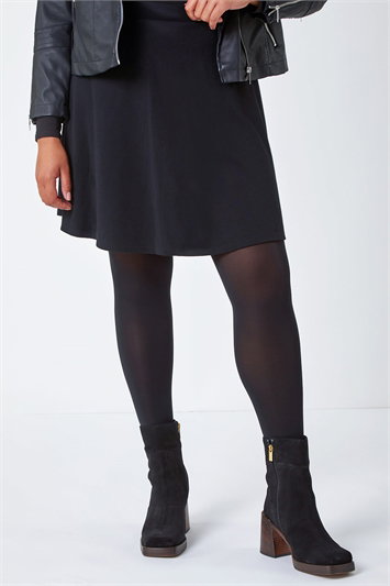 Black Curve Elastic Waist A Line Skater Skirt