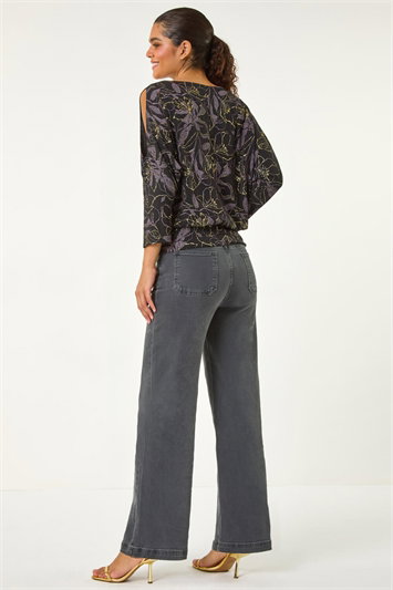 Sparkle Floral Print V-Neck Banded Hem Top 19350533