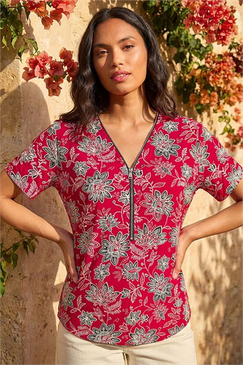 Red Floral Print Zip Detail Top