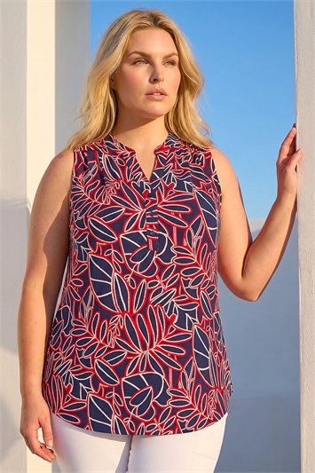 Red Curve Textured Leaf Print Vest Top