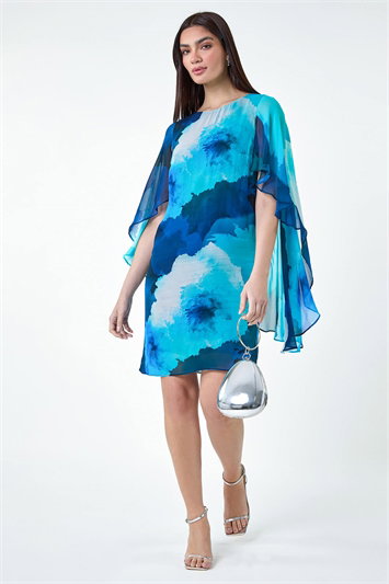 Floral Print Chiffon Cape Shift Dress 14333109