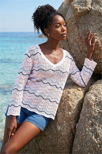 White Multi Wave Scallop Crochet Jumper