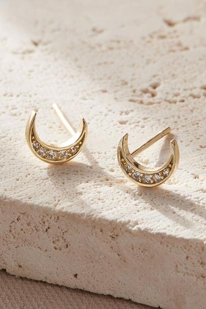 Metallic Sterling Silver Cz Crescent Moon Studs
