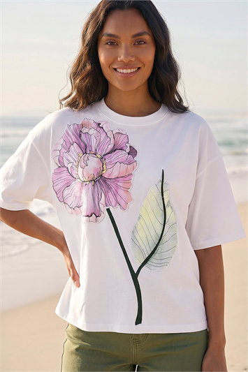 White Large Floral Applique Cotton Top